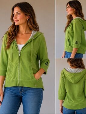 Tommy Hilfiger Green Zip Up Hoodie 3/4 Sleeve L Nautical Anchor Hooded Jacket